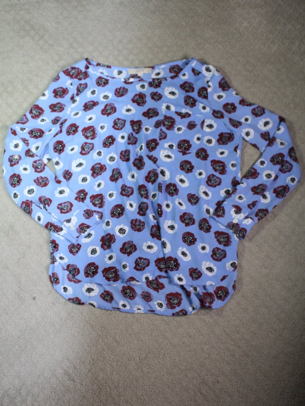 Loft Size L Periwinkle Blue Red White Flowers Long Sleeve Blouse